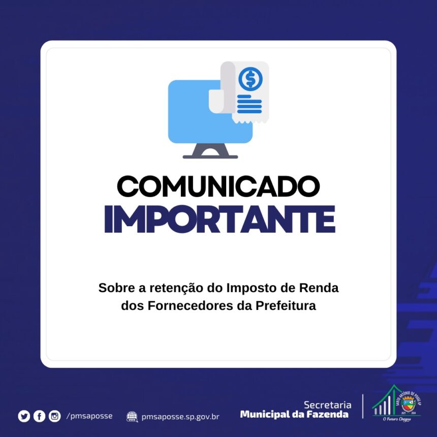 Comunicado sobre a retenção do Imposto de Renda dos Fornecedores da Prefeitura
